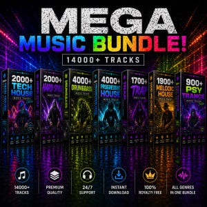 Könnte beinhalten: Werbebild für ein Musik-Bundle mit dem Text "MEGA MUSIC BUNDLE!" und "14000+ TRACKS". Sechs Boxen zeigen verschiedene Musikgenres: Tech House, Hard Style, Drum & Bass, Progressive House, Trap, Melodic House und Psy Trance. Zusätzliche Symbole und Text sind ebenfalls vorhanden.
