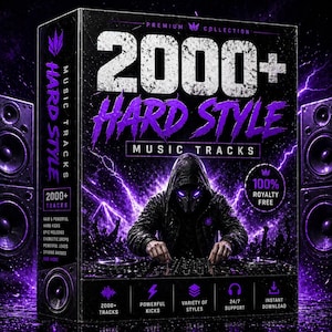 May include: A black and purple digital music package titled "2000+ Hard Style Music Tracks." The cover features a hooded figure with glowing eyes at a DJ setup, with lightning and speakers. Includes "100% Royalty Free" text.