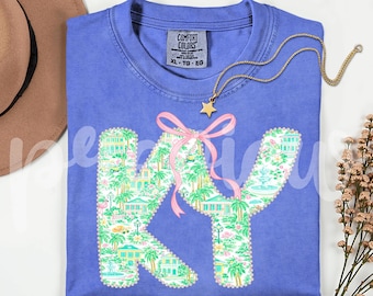 Immagine PNG della costa del Kentucky (KY), alfabeto con fiocchi floreali, design retrò preppy (download digitale)