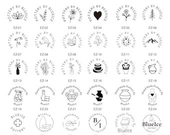 May include: A selection of black and white pottery stamps featuring diverse designs such as flowers, hearts, and botanical motifs. Each stamp is circular, bearing the text "POTTERY BY BLUEICE" and a unique identifier.