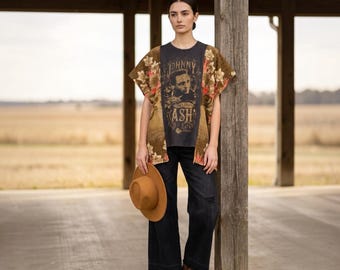 Handcrafted  Upcycled Johnny Cash Kantha Tunic NWT One Size