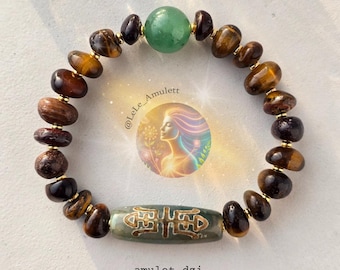 Powerful Dzi bead "Long and happy life" / Dzi stone for spiritual healing / Dzi amulet - bracelet made of tiger's eye and aventurine