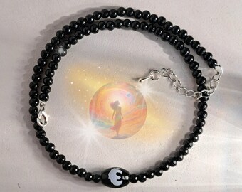 Dzi pearl luck and the bat/ powerful lucky charm/ mystical pearl necklace with Dzi stone made of natural agate beads black