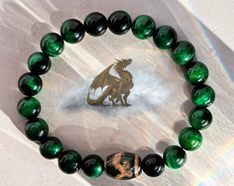 Dragón de cuentas Dzi / Piedra Dzi / Pulsera Dzi / pulsera de protección / amuleto de dinero / prosperidad / riqueza / pulsera de dragón / pulsera verde ojo de tigre