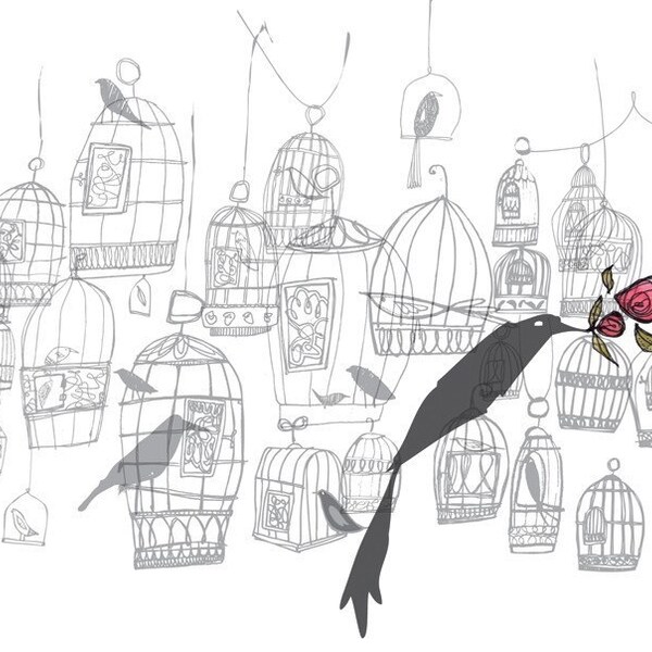 BIRDS, CAGES AND ROSES - Print
