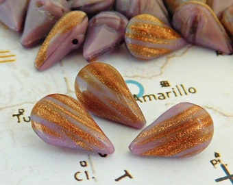 12 Vintage German 13x8mm Opaque Lavender|Copper Pear Jewels (7-17-12)