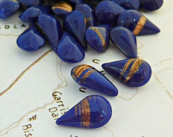 12 Vintage German 13x8mm Opaque Navy|Copper Pear Jewels (7-13-12)
