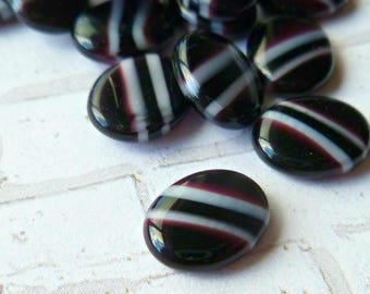 12 Vintage Glass Cabochons 10x8mm Oval Black, Purple with White Stripes Cabs (3-37-12)