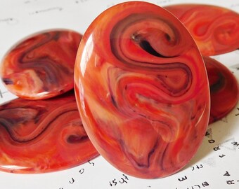 1 German 40x30mm Oval Tomato Orange Red Swirl Design Plastic Cabochon (10-34-1)