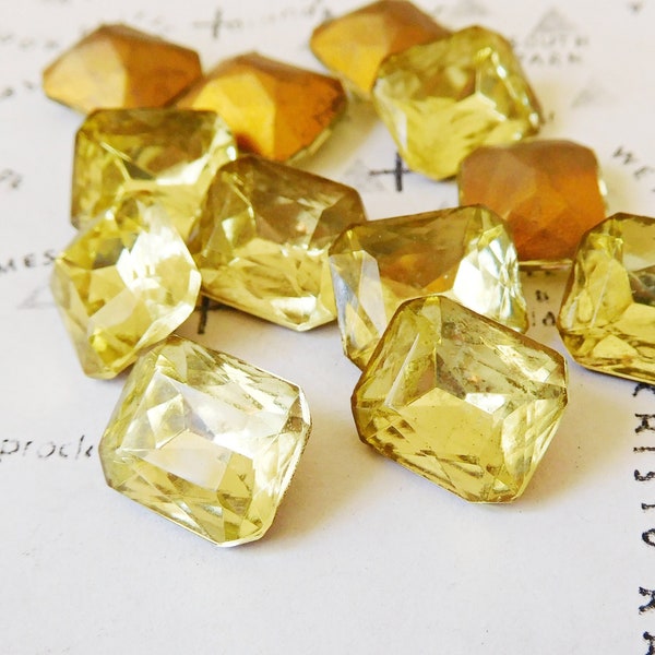 12 Vintage Jonquil Yellow 12x10mm Octagon Glass Rhinestone Jewels (6-53-12)