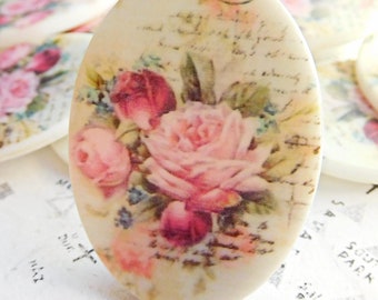 2 Large Oval 40x30mm Acrylic Pink Rose Flower Bouquet Cabochons (11-3-2)