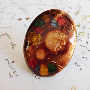 One Vintage Metal & Enamel Hand Painted Bronze Lady Cabochon (5-42-1)