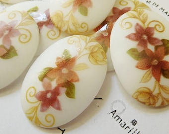 1 Vintage 30x22mm Oval German Porcelain Fall Flower Top Glass Cabochon (6-34-1)