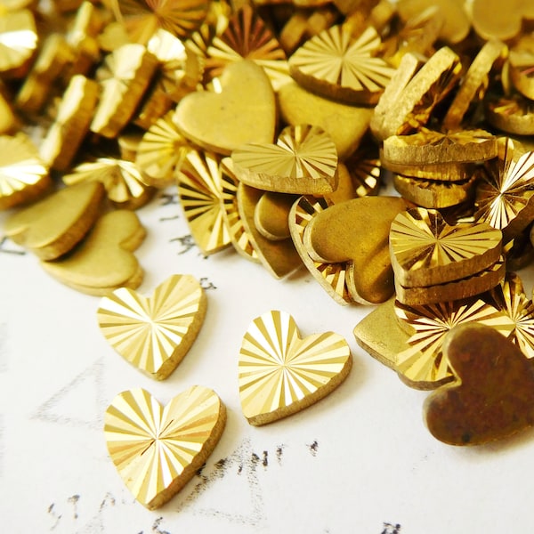 12 Vintage Solid Brass Starburst 7mm Small Heart Metal Findings (5-2-12)