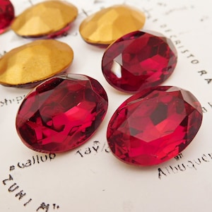 Shipping Delay Sale! Two Vintage Czechoslovakian Glass Jewels - 18x13mm Siam Red Gold Foiled Rhinestones (10-27-2)