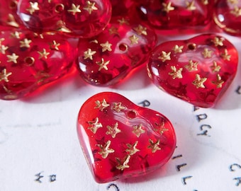 12 Czech Transparent 14mm Heart Glass Pendant Beads in Red with Gold Stars (7-26-12)