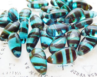 12 Czech Pressed Glass Aqua Blue & Black Tortoise 14x7mm Pear Glass Pendant Beads (10-23-12)