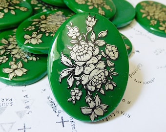 Vintage German 40x30mm Green Plastic Flower/Floral Decal Oval Cabochon (1-17-1)