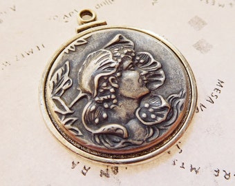 One Vintage 30mm Round Antiqued Silver Stamping with Forest Fairy Design