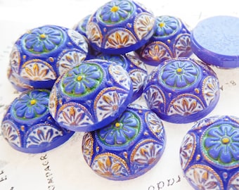 Two Vintage German 18mm Blue with Hand Painted Detail Cabochons (10-29-2)