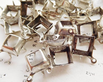 12 Brass Base Silver Antiqued Square Diamond 10mm Two Loop Settings Made in USA (2-58-12)