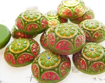 Two Vintage German 18mm Green with Hand Painted Detail Cabochons (10-28-2)
