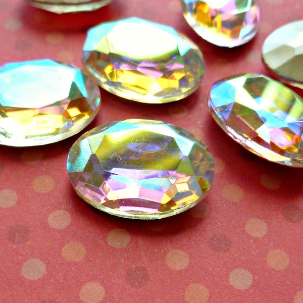 Two 18x13mm Crystal Clear with Aurora Borealis Oval Glass Rhinestone Jewels (2-35-2)