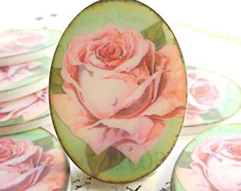 2 Large Oval 40x30mm Acrylic Pink and Green Rose Cabochons (11-43-2)