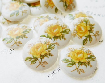 6 Sweet Vintage Yellow Rose Flower Round 13.5mm Porcelain Glass Cabochons (10-3-6)