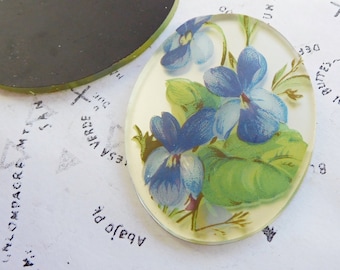 1 Vintage Large 40x30mm Mirrored Glass Blue Violet Decal Glass Cabochon (9-26-1)