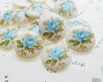 6 Sweet Vintage Blue Rose Flower Round 13.5mm Porcelain Glass Cabochons (10-32-6)