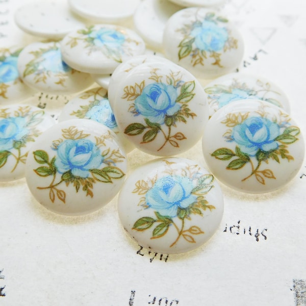 6 Sweet Vintage Blue Rose Flower Round 13.5mm Porcelain Glass Cabochons (10-32-6)