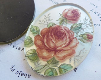 1 Vintage Large 40x30mm Mirrored Glass Rose Decal Glass Cabochon (9-33-1)