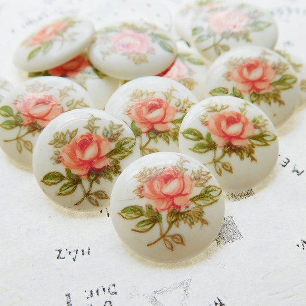 6 Sweet Vintage Pink Rose Flower Round 13.5mm Porcelain Glass Cabochons (10-25-6)