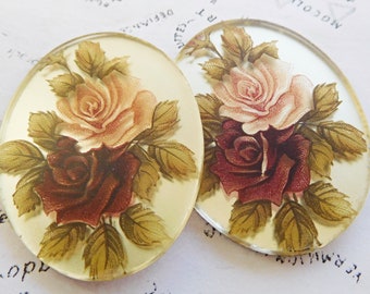 1 Vintage Large 40x30mm Mirrored Glass Mauve and Garnet Roses Decal Glass Cabochon (9-49-1)