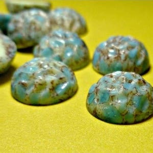 12 Vintage 11mm Czech Round Bumpy Top Turquoise Matrix Glass Cabochons (8-16-12)