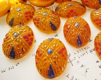 Two Vintage German 18x13 Bright Yellow with Hand Painted Detail Oval Cabochons (10-29-2)
