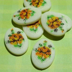 Vintage Plastic Cabochons - 6 German Yellow Flower 18x13mm Cabs (3-11-6)