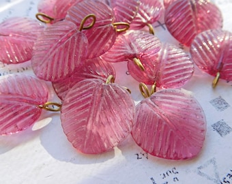 12 Rose Pink Glass 16mm Leaves with Adjustable Brass Loop (11-47-12)