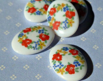 Vintage Japanese 14x10mm Glass Cabochons with Colorful Flower Detail (8-30-6)