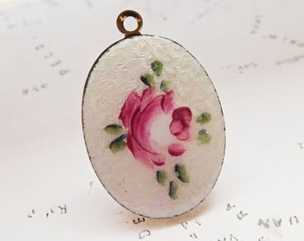 One Vintage German 25x18mm Enameled Guilloche Rose Cabochon Set in Silver Setting (2-9-1)