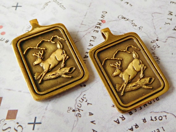 One Vintage 1983 Buck Deer Solid Brass Octagon Metal Pendant 4-42-1