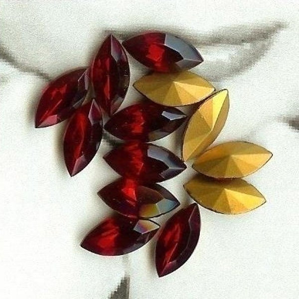 12 Vintage Czech Glass Jewels 15x7mm Siam Navette  Rhinestones (3-2-12)