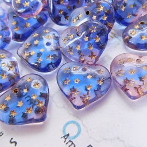 12 Czech Transparent 14mm Sapphire Blue and Purple Heart Glass Pendant Beads with Gold Stars (9-23-12)