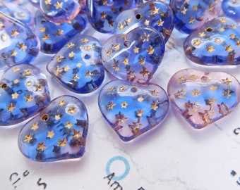 12 Czech Transparent 14mm Sapphire Blue and Purple Heart Glass Pendant Beads with Gold Stars (9-23-12)