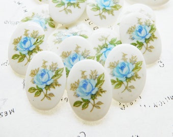 Four 18x13mm Vintage Japanese White with Blue Rose Flower Oval Glass Cabs (10-50-4)