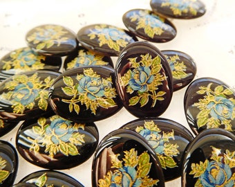 Vier 18x13mm Vintage japanische Black & Blue Rose Blume Cabochons