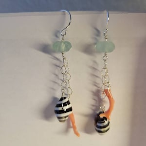 Beach inspired Natural pink coral,shell and gemstone sterling silver wedding gift vacation earring