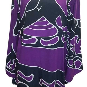 Ladies Hawaiian Hand-print Purple Black Tattoo 3/4 Sleeves Summer Simple Rayon Luau Party Top S,M,L,XL,2XL