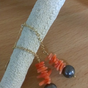 Pendiente Dark Freshwater pearl Coral Branch Gold filled Beach Bridesmaid Shell